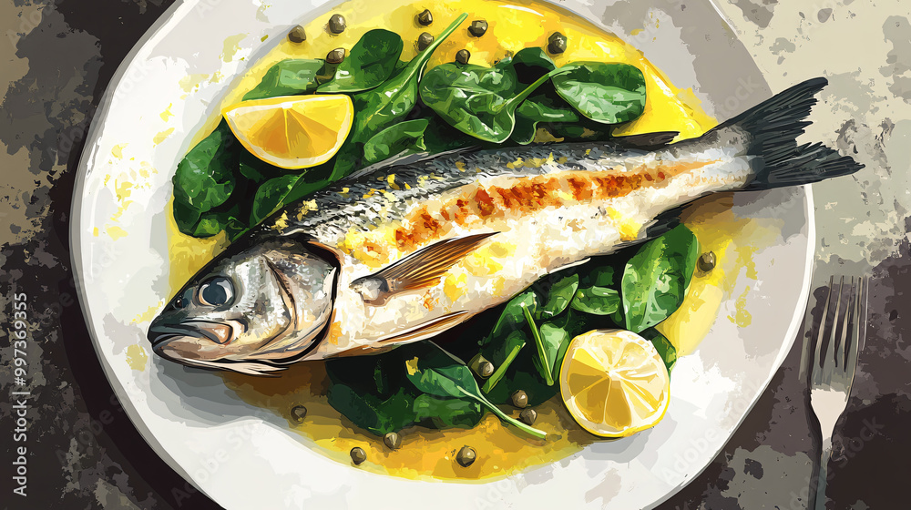 An illustration of a gourmet grilled sea bass with a lemon and caper sauce and sautéed spinach.