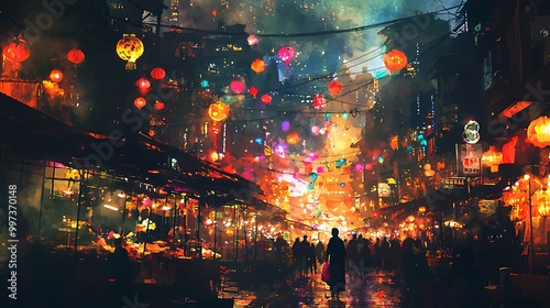 A bustling night market scene is alive with lanterns and a lively crowd, creating a festive atmosphere.