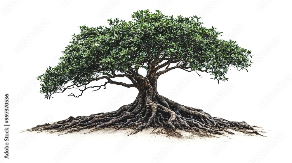 Tree with exposed roots isolated on a white background with intricate details of branches and root structure Tree with exposed roots isolated on a white background with intricate details of branches and root structure