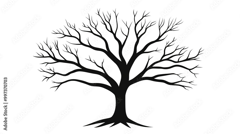 Fototapeta premium tree isolated on white background, Black silhouette logo of a tree with bare branches isolated on a clean white background 