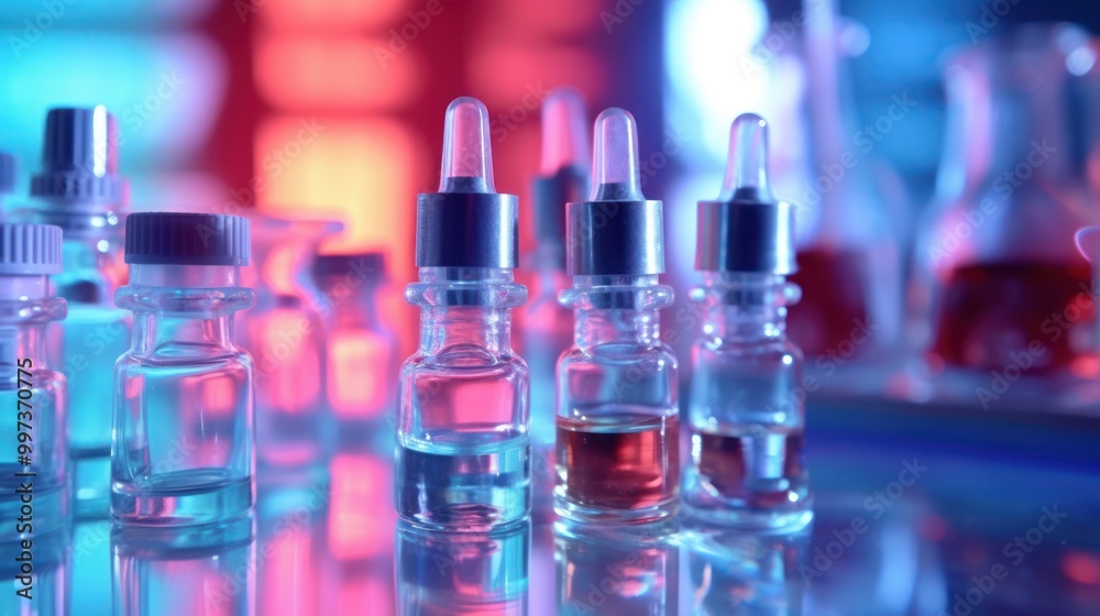 Glass Bottles with Dropper Caps on a Reflected Surface Glass Bottles with Dropper Caps on a Reflected Surface