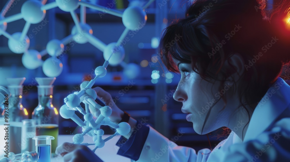 A female scientist examines a molecular model in a lab, illuminated by blue and red light. A female scientist examines a molecular model in a lab, illuminated by blue and red light.
