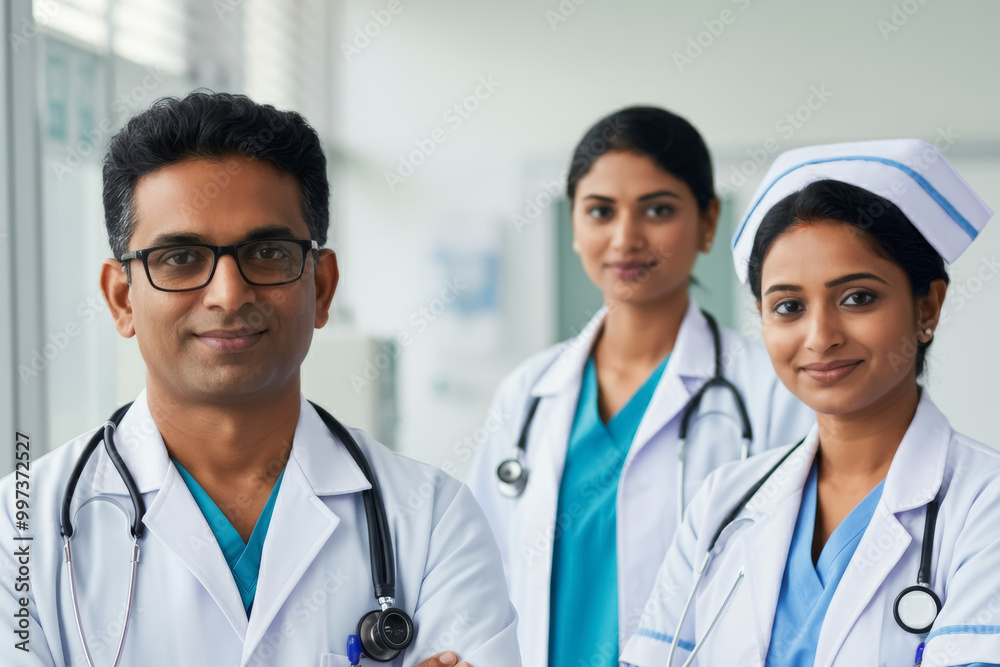 Confident happy medical indian staff team with doctor nurse and healthcare specialist professions people in hospital or clinic. Confident happy medical indian staff team with doctor nurse and healthcare specialist professions people in hospital or clinic.