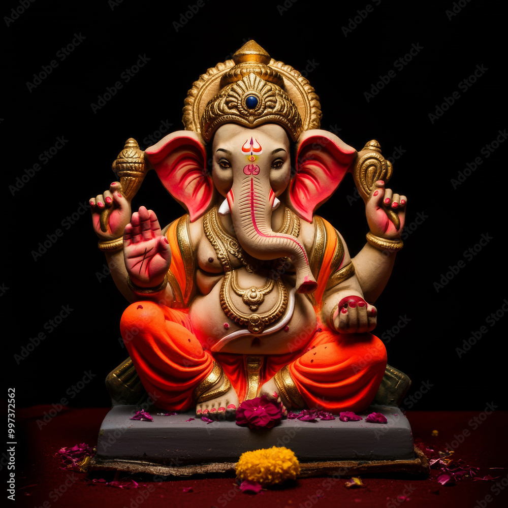 Fototapeta premium Hindu lord ganesha sculpture with flower decoration and lighting.