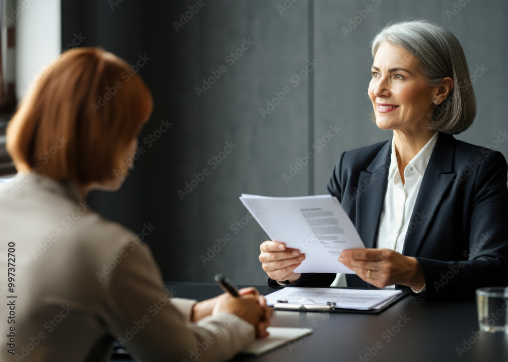 Smiling confident gorgeous mature business woman hr holding cv document at job interview. Mid aged professional banking manager or lawyer consulting Smiling confident gorgeous mature business woman hr holding cv document at job interview. Mid aged professional banking manager or lawyer consulting