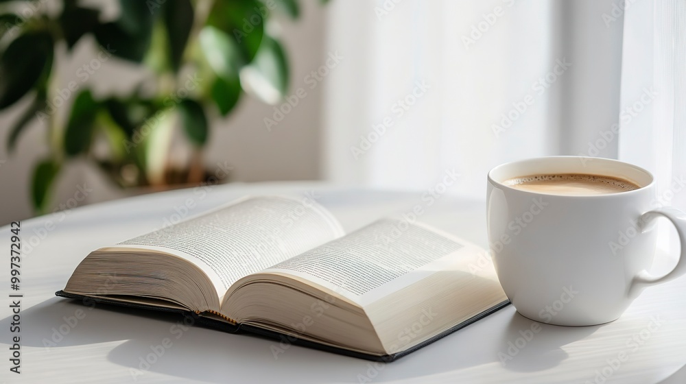 Open book on a white table next to a cup of coffee. Open book on a white table next to a cup of coffee.