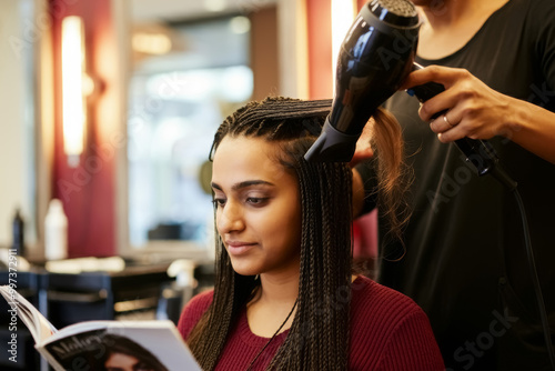 Gorgeous indian young woman getting her hair blow dried at a salon photo