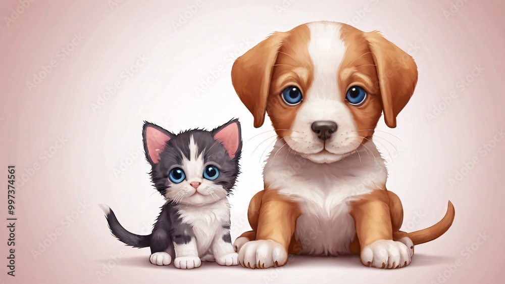 Cute cartoon puppy and kitten sitting together. Cute cartoon puppy and kitten sitting together.