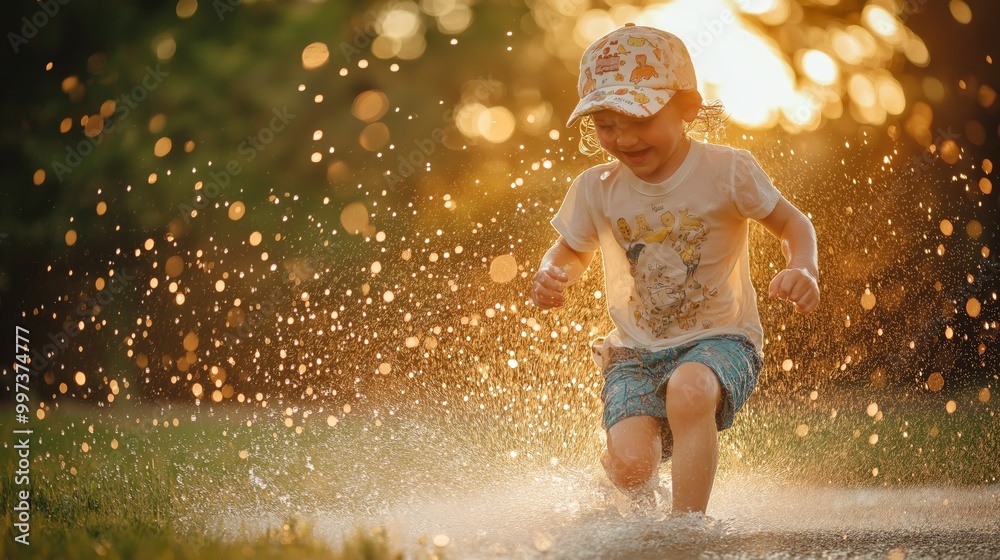 Child joyfully running sprinklers, water droplets sparkling, laughing. AI generated Child joyfully running sprinklers, water droplets sparkling, laughing. AI generated