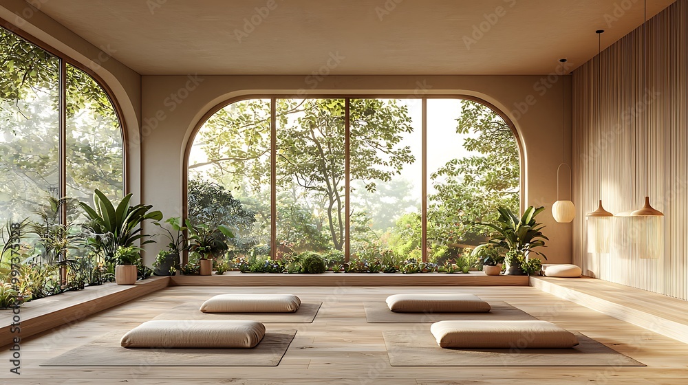 Obraz premium A zen room interior, featuring arched windows and cushions, exudes calm and serenity.
