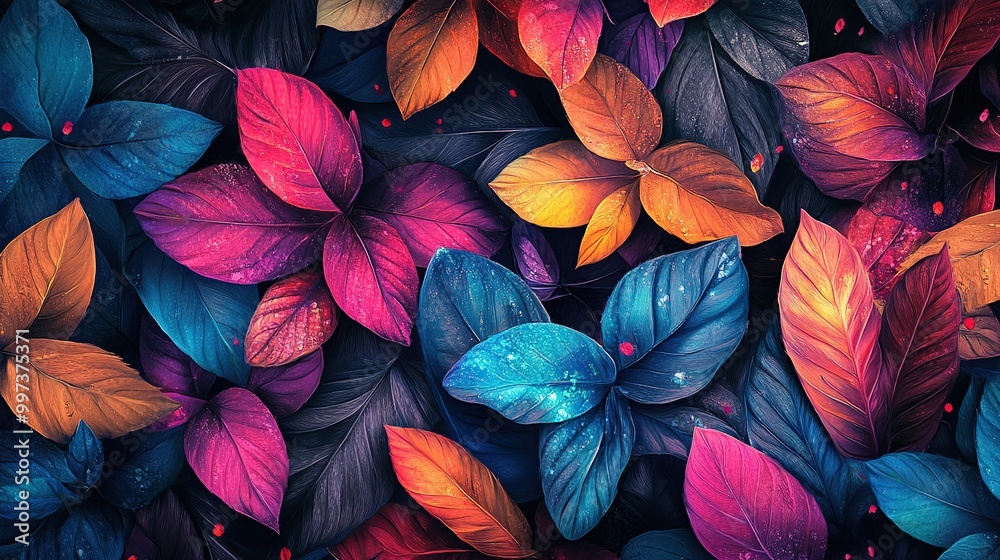 Vibrant, colorful leaves in a textured pattern. Vibrant, colorful leaves in a textured pattern.