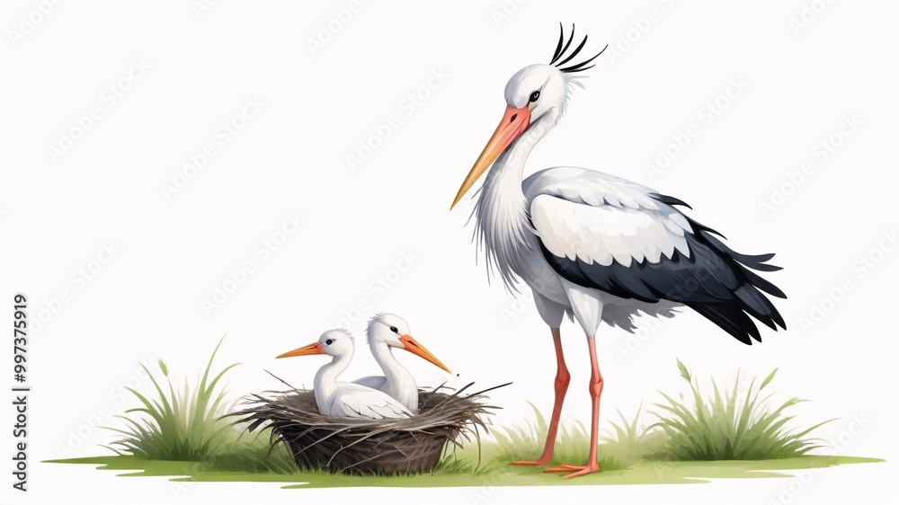 Fototapeta premium White Stork standing near nest with two chicks.