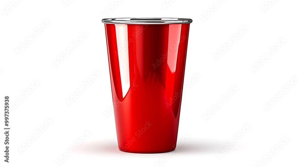 A red plastic cup with a silver rim stands isolated on a white background, simple and classic. A red plastic cup with a silver rim stands isolated on a white background, simple and classic.