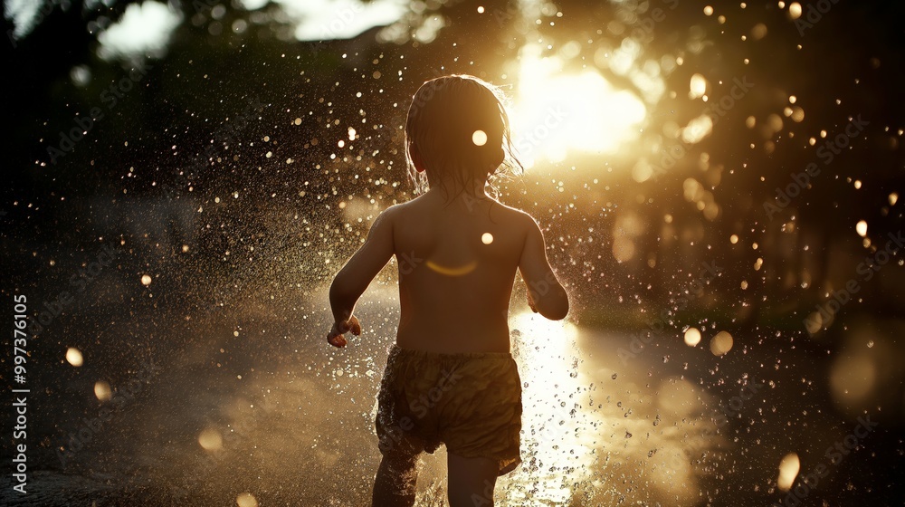 Child joyfully running sprinklers, water droplets sparkling, laughing. AI generated Child joyfully running sprinklers, water droplets sparkling, laughing. AI generated