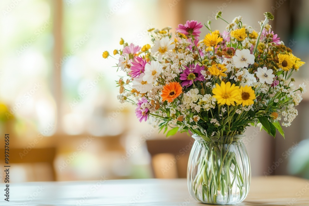 custom made wallpaper toronto digitalA colorful assortment of wildflowers is arranged beautifully in a clear glass vase, enhancing a calm indoor atmosphere. Generative AI