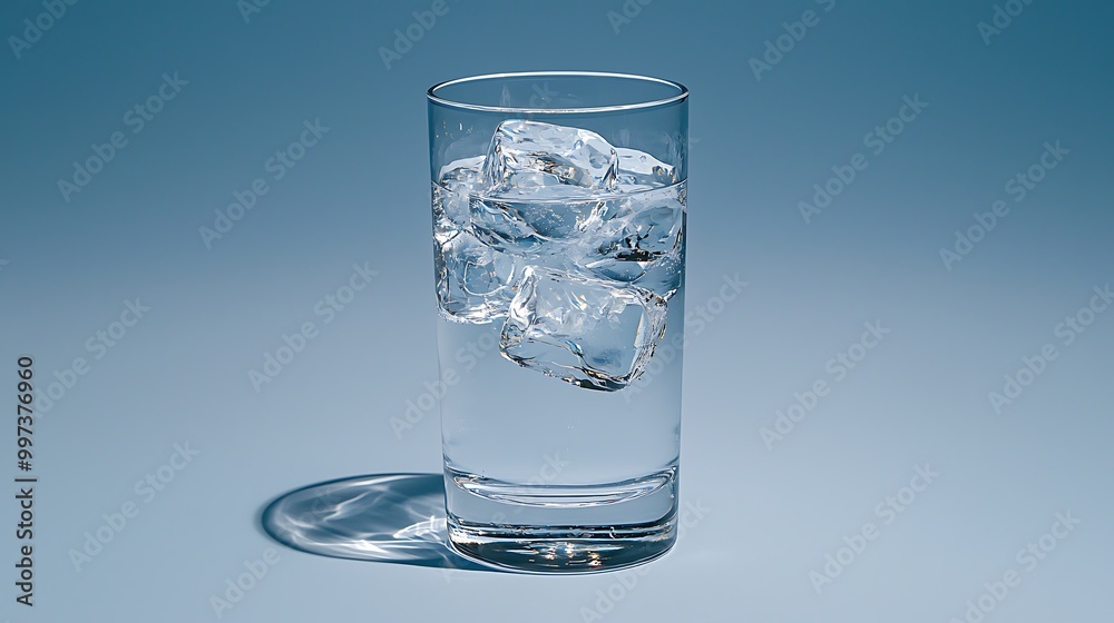 A glass of water filled with ice cubes rests on a blue background, offering cool refreshment. A glass of water filled with ice cubes rests on a blue background, offering cool refreshment.