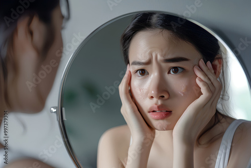  Asian woman looking at her face in the mirror with pock marks and dark circles, holding one hand on her cheek to touch it