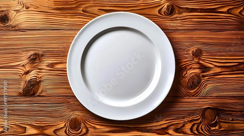 A white empty plate rests on a rustic wooden table, waiting to be filled with delicious food.