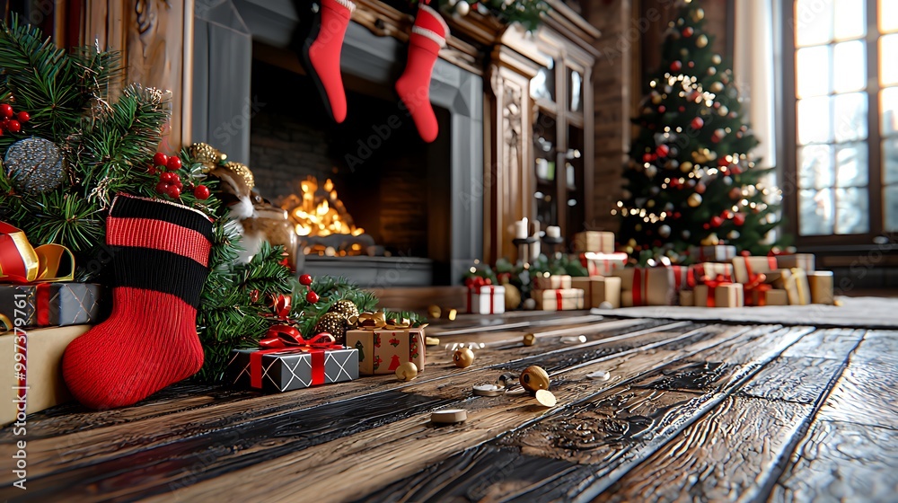 A fireplace, adorned with stockings, gifts, and holiday decor, creates the perfect Christmas scene. A fireplace, adorned with stockings, gifts, and holiday decor, creates the perfect Christmas scene.