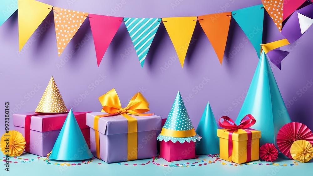 Fototapeta premium Colorful party decorations with gifts and hats for a festive celebration.