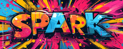 Colorful pop art background with "SPARK" inside. Comic book style, Abstract visuals, Vibrant vector