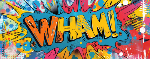 Abstract pop art background with "WHAM" inside. Dynamic visuals, Bold graphics, Colorful vector