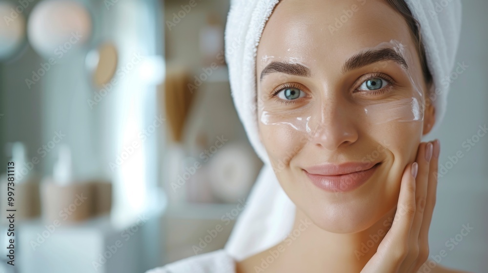 Smiling woman with skincare treatment at home, natural beauty care. Smiling woman with skincare treatment at home, natural beauty care.