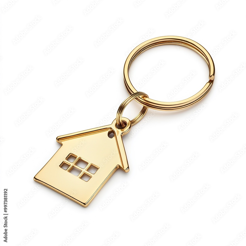 House keys with golden house shaped keychain isolated on white background House keys with golden house shaped keychain isolated on white background