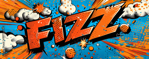 Energetic pop art background featuring "FIZZ." Explosion theme, Comic book style, Bright vector