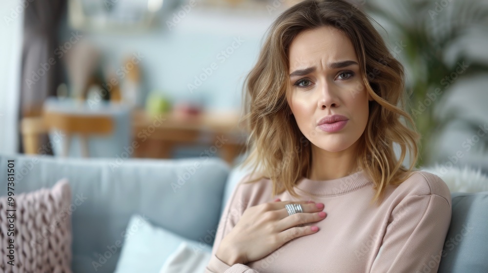Young woman showing emotions while sitting on a couch. Young woman showing emotions while sitting on a couch.