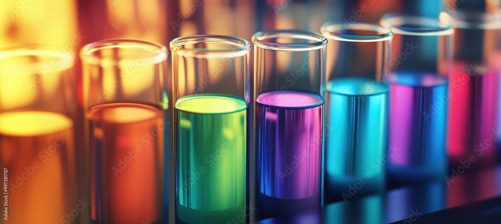 Colorful beakers filled with vibrant liquids, each containing its own distinct color and level of luminosity Colorful beakers filled with vibrant liquids, each containing its own distinct color and level of luminosity