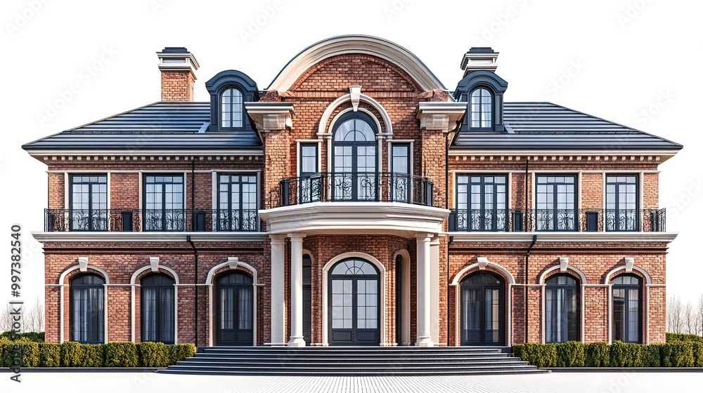 Fototapeta premium Front view of a luxury brickwall house isolated on a white background 