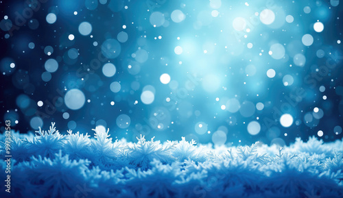 Blue bokeh winter background with frosty snowflakes.