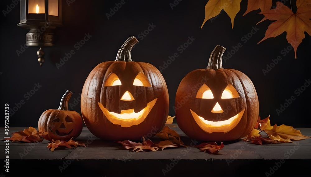 Fototapeta premium Decorative Halloween pumpkins with carved faces, autumn leaves, and a lantern
