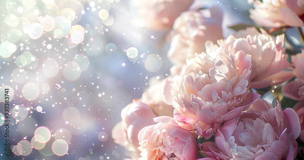 beautiful pastel pink peonies background with blurred bokeh lights and white glitter, romantic wedding card template design, banner for love, romance or valentine's day beautiful pastel pink peonies background with blurred bokeh lights and white glitter, romantic wedding card template design, banner for love, romance or valentine's day