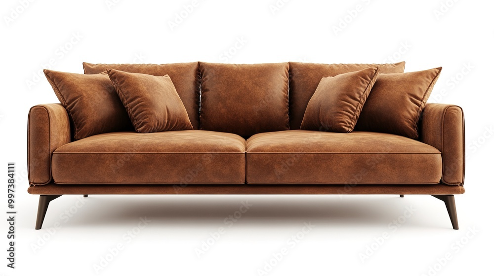 Fototapeta premium cozy, home decor, modern, isolated, furniture, stylish, interior, living room, minimalistic, elegance, Brown modern sofa furniture isolated on white background with depth of field effect 