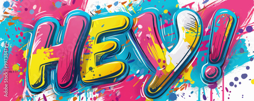 Playful pop art background with "HEY!" text. Fun visuals, Dynamic patterns, Bright vector