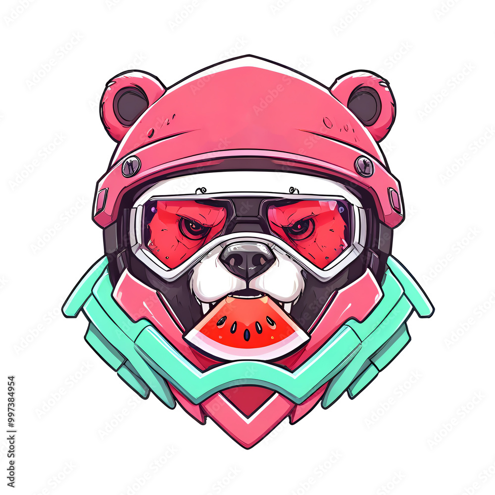 A cartoon bear wearing a helmet and goggles with a watermelon in its mouth A cartoon bear wearing a helmet and goggles with a watermelon in its mouth