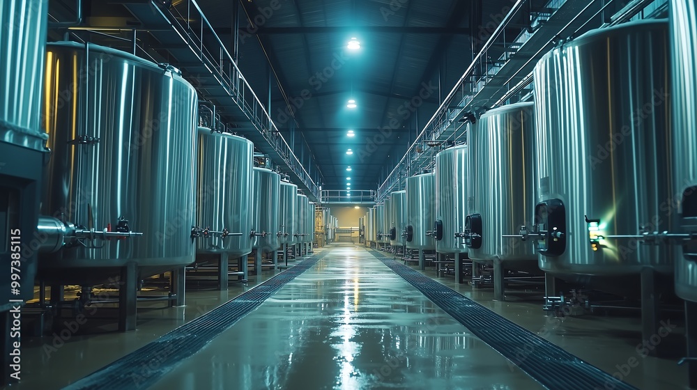 Fototapeta premium A modern industrial facility with large metal tanks lining the corridor, illuminated by bright lights, creating a sleek and clean environment.