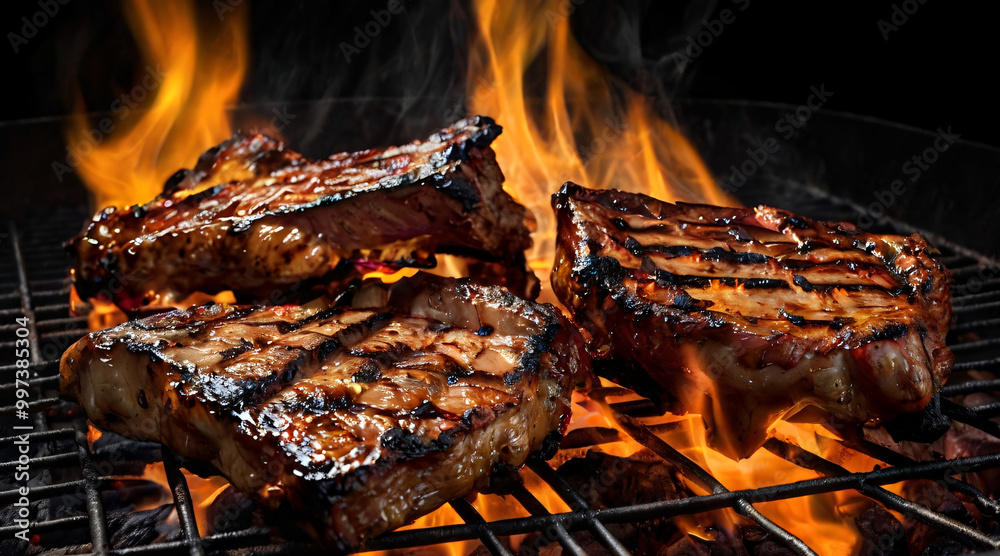Grilled steaks meat on flaming barbecue grill close-up. Grilled steaks meat on flaming barbecue grill close-up.