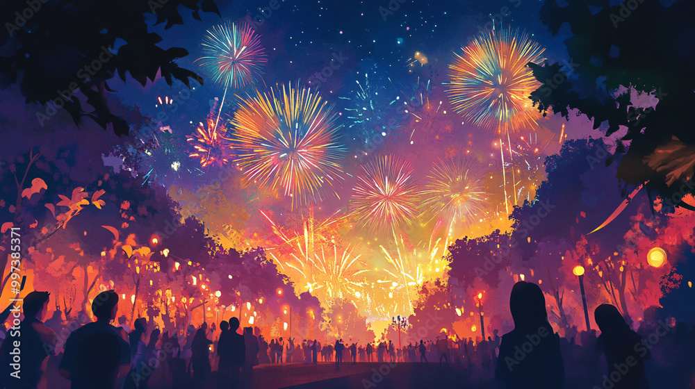 Fototapeta premium An illustration of a festive celebration with fireworks and joyful crowds in a night sky setting.