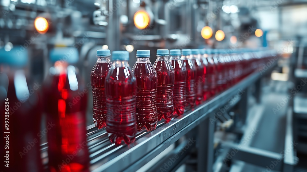 Bottles of red beverage line a production conveyor, showcasing an industrial beverage manufacturing process with vibrant colors and efficient design. Bottles of red beverage line a production conveyor, showcasing an industrial beverage manufacturing process with vibrant colors and efficient design.