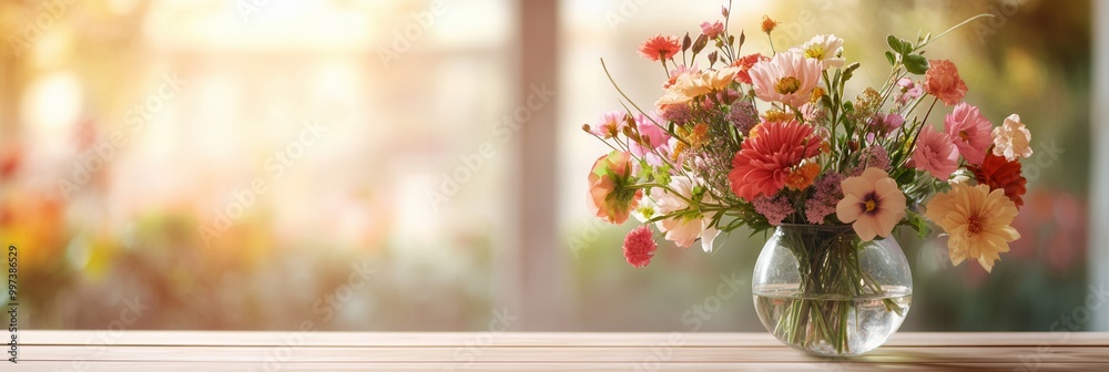 The colorful mixed flower bouquet sits elegantly in a glass vase on a light wood table, warmly lit by natural sunlight. Generative AI