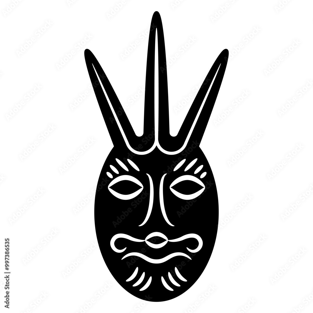 Ethnic mask. Funny face of a fantastic mythological creature. Ancient Siberian totem. Permian animal style. Black and white silhouette. Ethnic mask. Funny face of a fantastic mythological creature. Ancient Siberian totem. Permian animal style. Black and white silhouette.