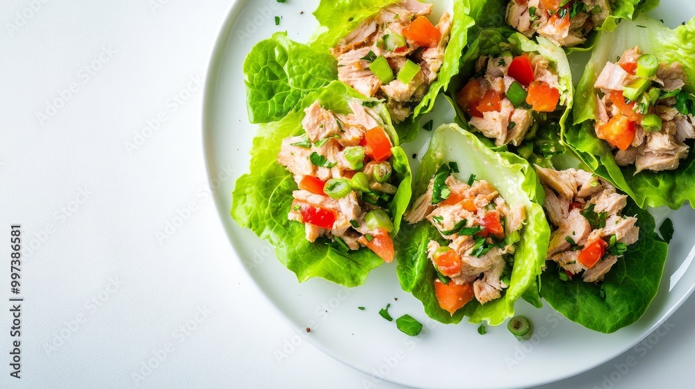 A platter features fresh tuna salad neatly nestled in crisp lettuce leaves, topped with diced tomatoes and green onions, perfect for a light lunch or appetizer A platter features fresh tuna salad neatly nestled in crisp lettuce leaves, topped with diced tomatoes and green onions, perfect for a light lunch or appetizer