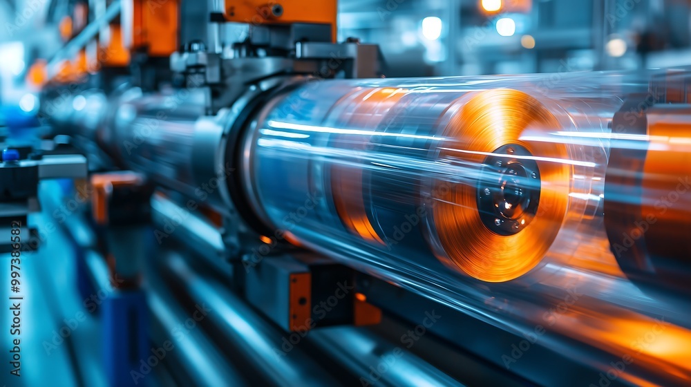 Fototapeta premium A close-up view of a high-tech industrial machine, showcasing intricate components and bright orange illuminating elements.