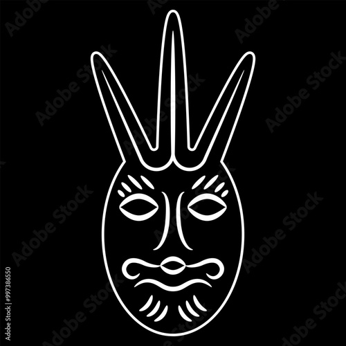 Ethnic mask. Funny face of a fantastic mythological creature. Ancient Siberian totem. Permian animal style. White linear silhouette on black background.