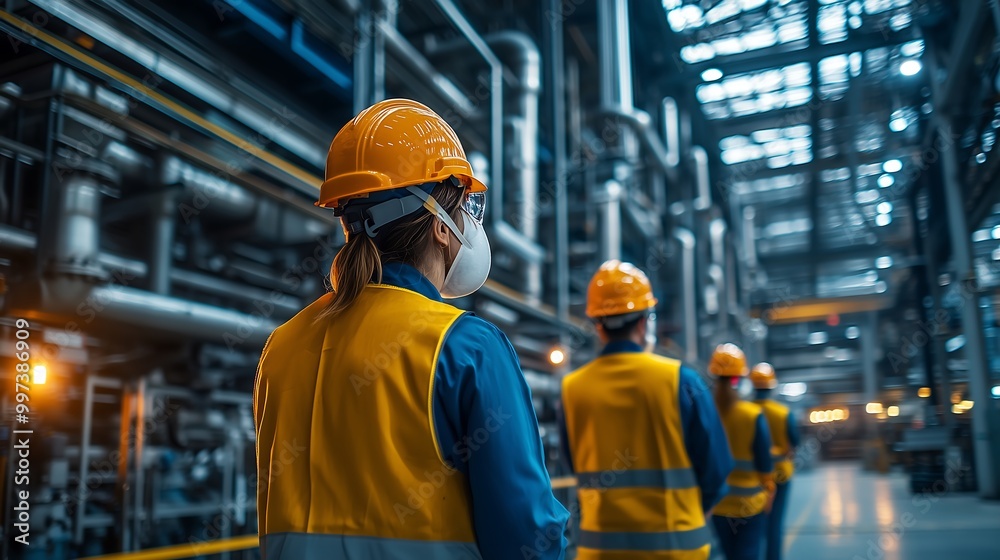 Workers in safety gear walk through a large industrial facility showcasing pipes and a modern architecture. Workers in safety gear walk through a large industrial facility showcasing pipes and a modern architecture.