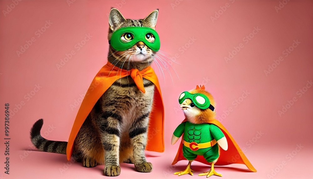 A tabby cat wearing a superhero mask and purple cape, sitting sideways with its body turned slightly away from the camera, but its head turned A tabby cat wearing a superhero mask and purple cape, sitting sideways with its body turned slightly away from the camera, but its head turned
