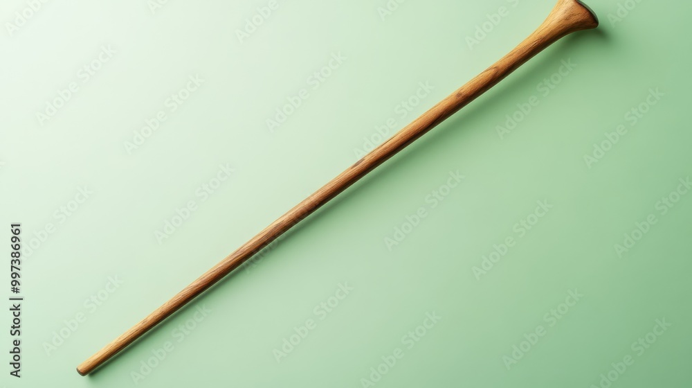 A smooth wooden walking stick lies diagonally across a soft pastel green background, showcasing its natural beauty and inviting a sense of calm and simplicity in the design A smooth wooden walking stick lies diagonally across a soft pastel green background, showcasing its natural beauty and inviting a sense of calm and simplicity in the design